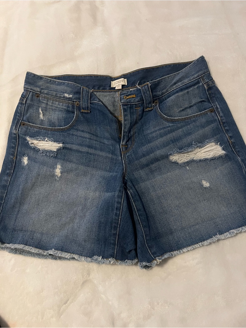 J. Crew Ripped Mid-Blue Denim Shorts with Frayed Hem